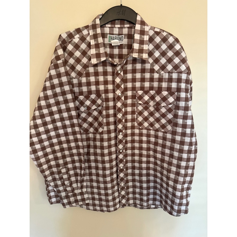 Haband Mens XL Brown Gingham Western Pearl Snap Long Sleeve Shirt 15Y
